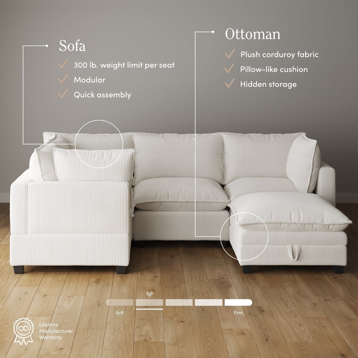 Divano imbottito modulare Chelsea Modern Cloud con seduta profonda e cuscini morbidi