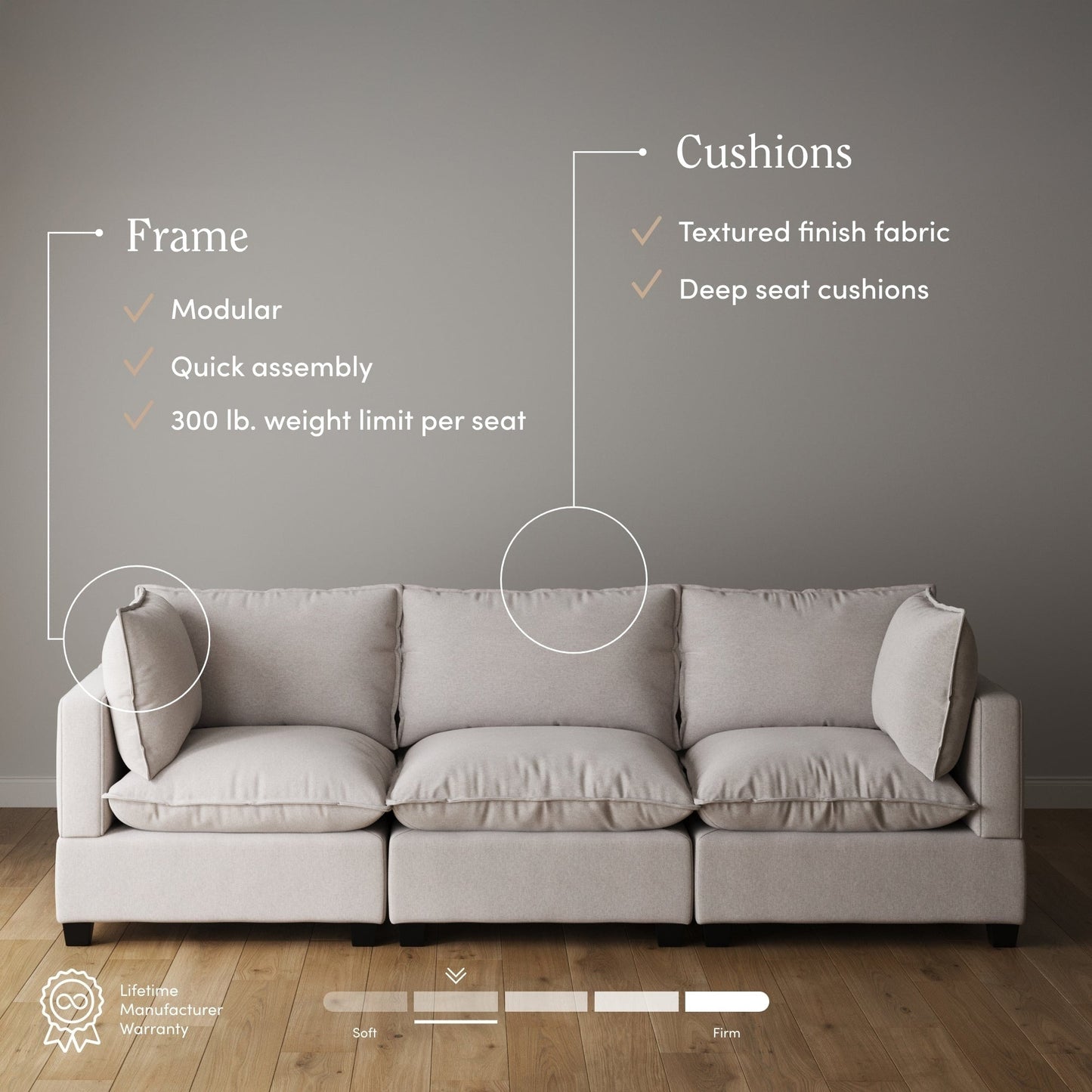 Divano imbottito modulare Chelsea Modern Cloud con seduta profonda e cuscini morbidi