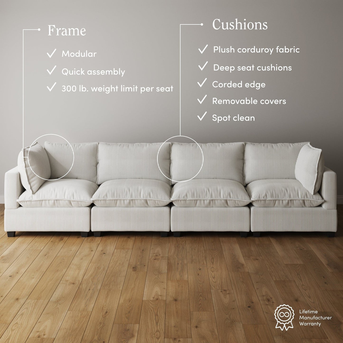 Divano imbottito modulare Chelsea Modern Cloud con seduta profonda e cuscini morbidi