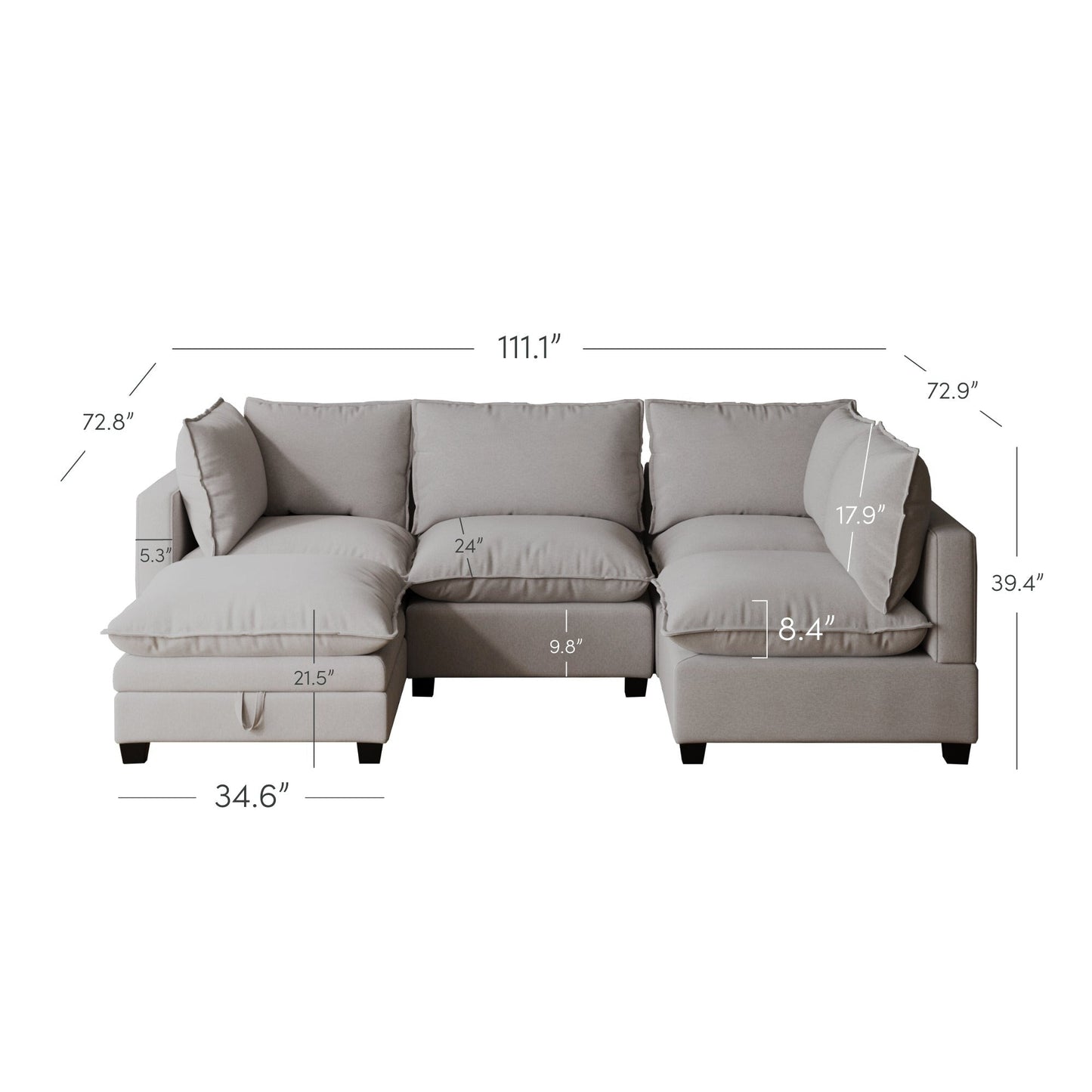 Divano imbottito modulare Chelsea Modern Cloud con seduta profonda e cuscini morbidi