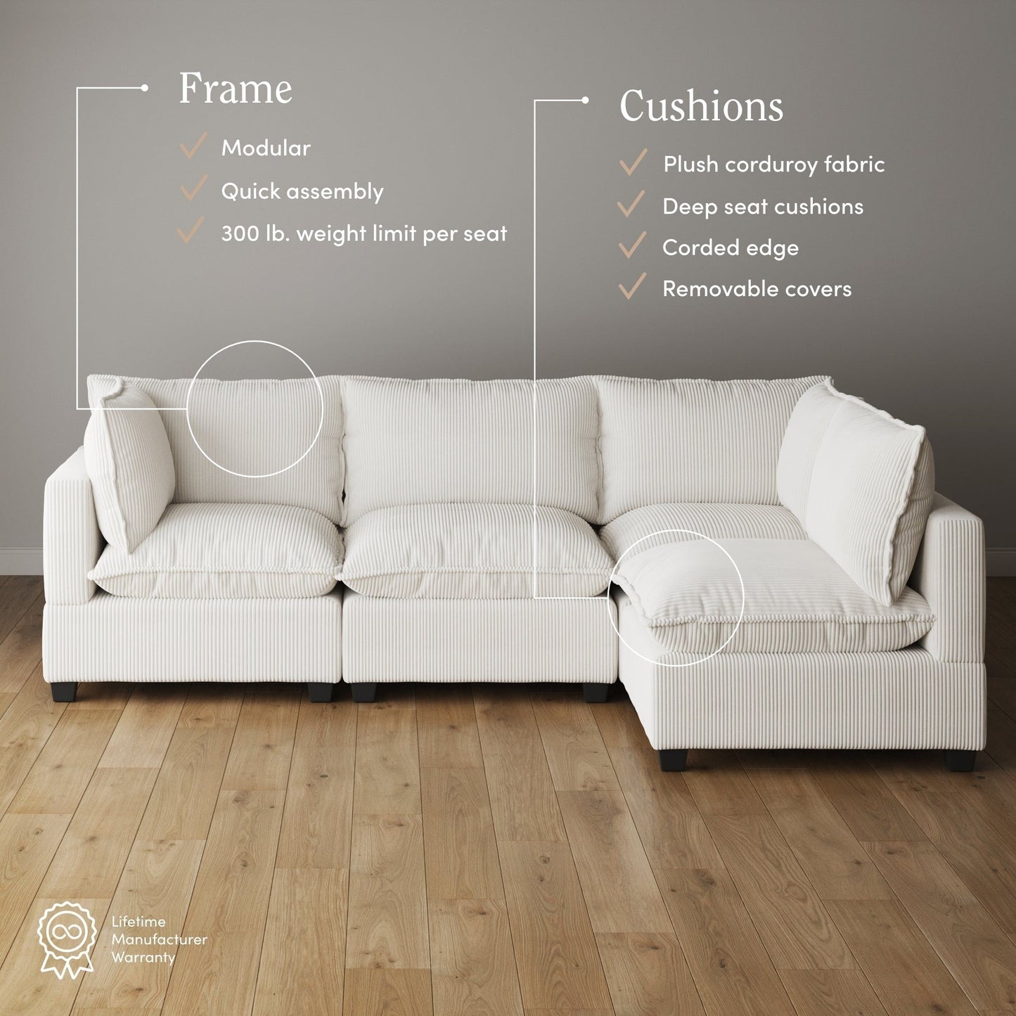 Divano imbottito modulare Chelsea Modern Cloud con seduta profonda e cuscini morbidi