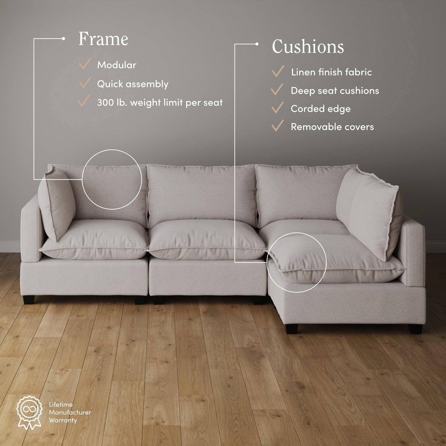 Divano imbottito modulare Chelsea Modern Cloud con seduta profonda e cuscini morbidi