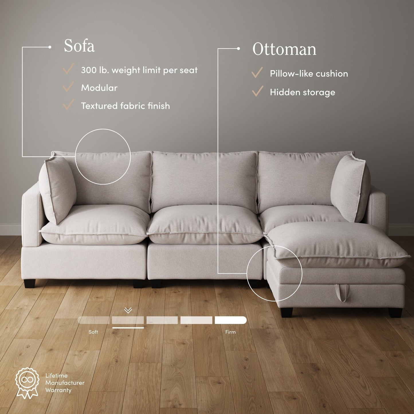 Divano imbottito modulare Chelsea Modern Cloud con seduta profonda e cuscini morbidi