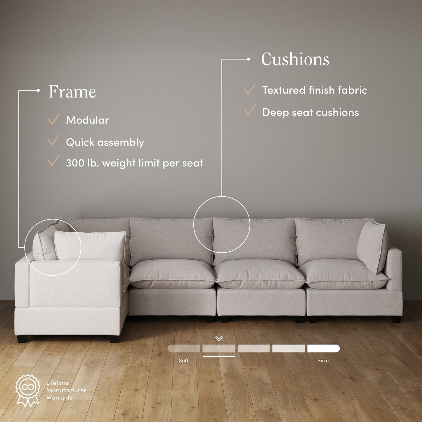 Divano imbottito modulare Chelsea Modern Cloud con seduta profonda e cuscini morbidi