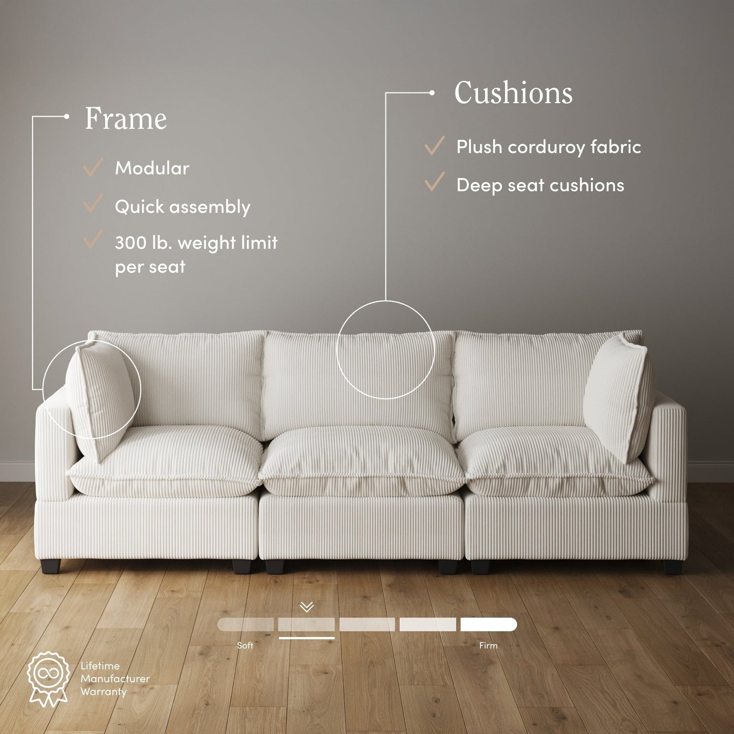 Divano imbottito modulare Chelsea Modern Cloud con seduta profonda e cuscini morbidi