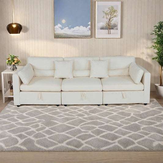 Divano a 3 posti in ciniglia con supporto per piedi in legno massello e piedini in ferramenta antiruggine