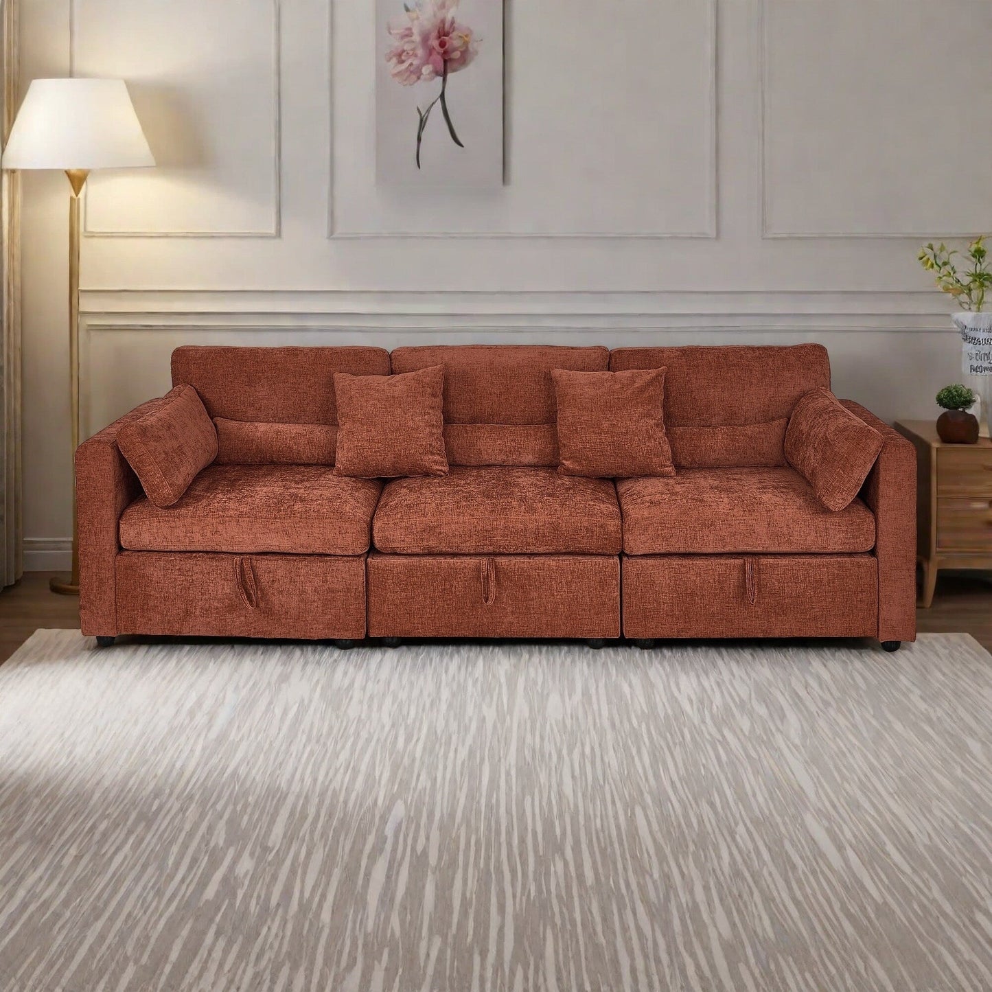 Divano a 3 posti in ciniglia con supporto per piedi in legno massello e piedini in ferramenta antiruggine