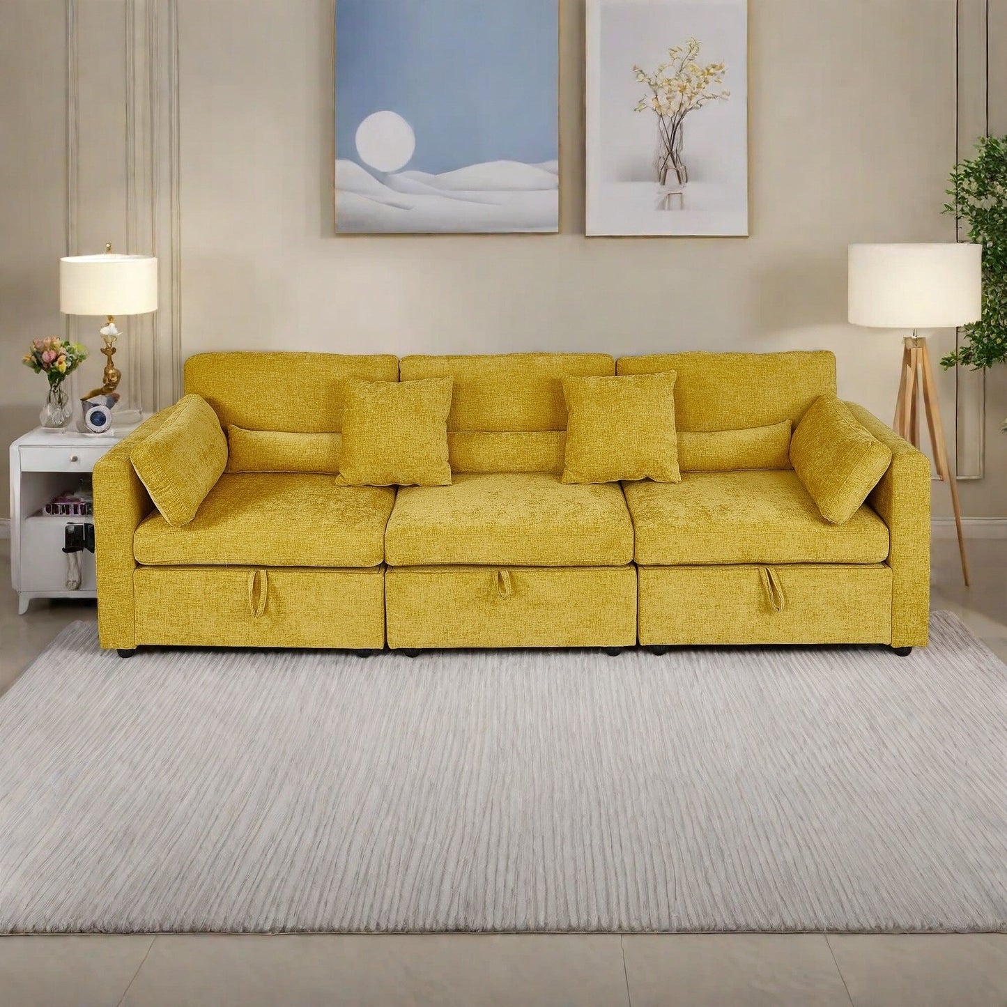 Divano a 3 posti in ciniglia con supporto per piedi in legno massello e piedini in ferramenta antiruggine