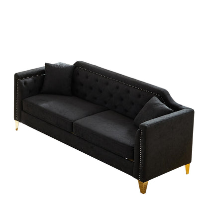 Divano capitonné in ciniglia a 3 posti con decorazione a chiodi in rame