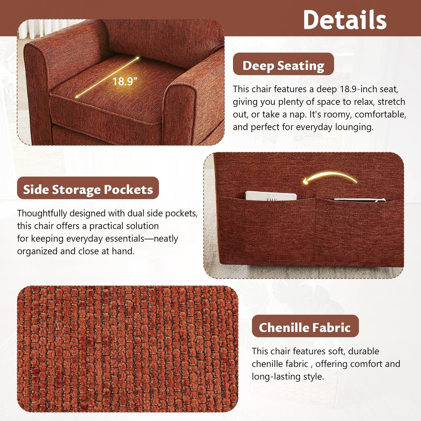 Poltrona girevole a 360° in ciniglia, poltrona moderna con tasche laterali, poltrona girevole, poltrona reclinabile ergonomica per camera da letto