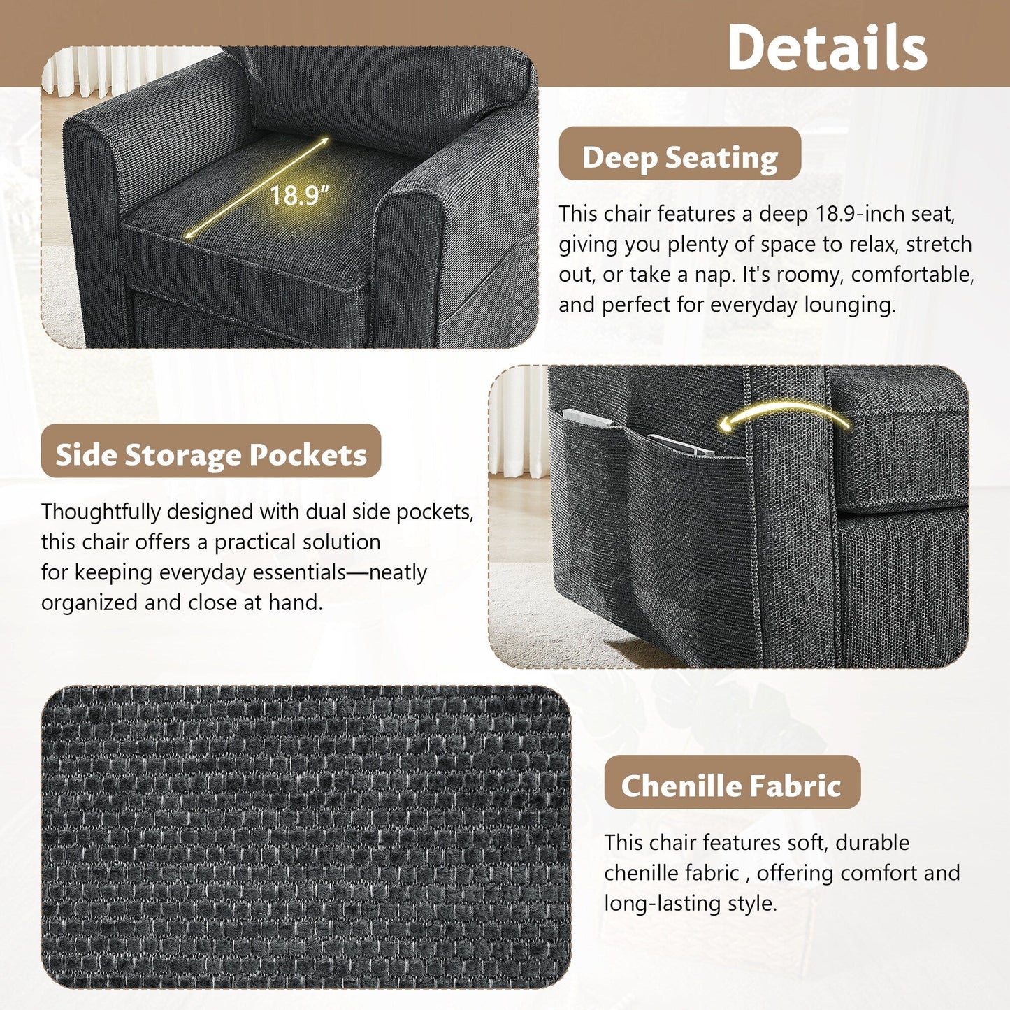 Poltrona girevole a 360° in ciniglia, poltrona moderna con tasche laterali, poltrona girevole, poltrona reclinabile ergonomica per camera da letto