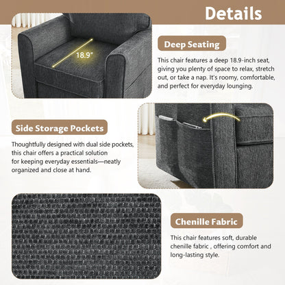 Poltrona girevole a 360° in ciniglia, poltrona moderna con tasche laterali, poltrona girevole, poltrona reclinabile ergonomica per camera da letto