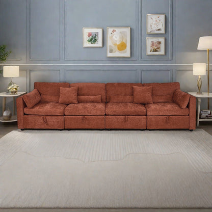 Divano a 4 posti in ciniglia con cuscino contenitore e supporto per piedi in legno massello e piedini in ferramenta antiruggine