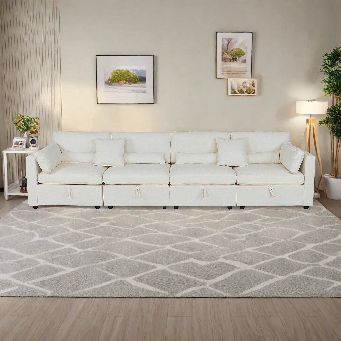 Divano a 4 posti in ciniglia con cuscino contenitore e supporto per piedi in legno massello e piedini in ferramenta antiruggine