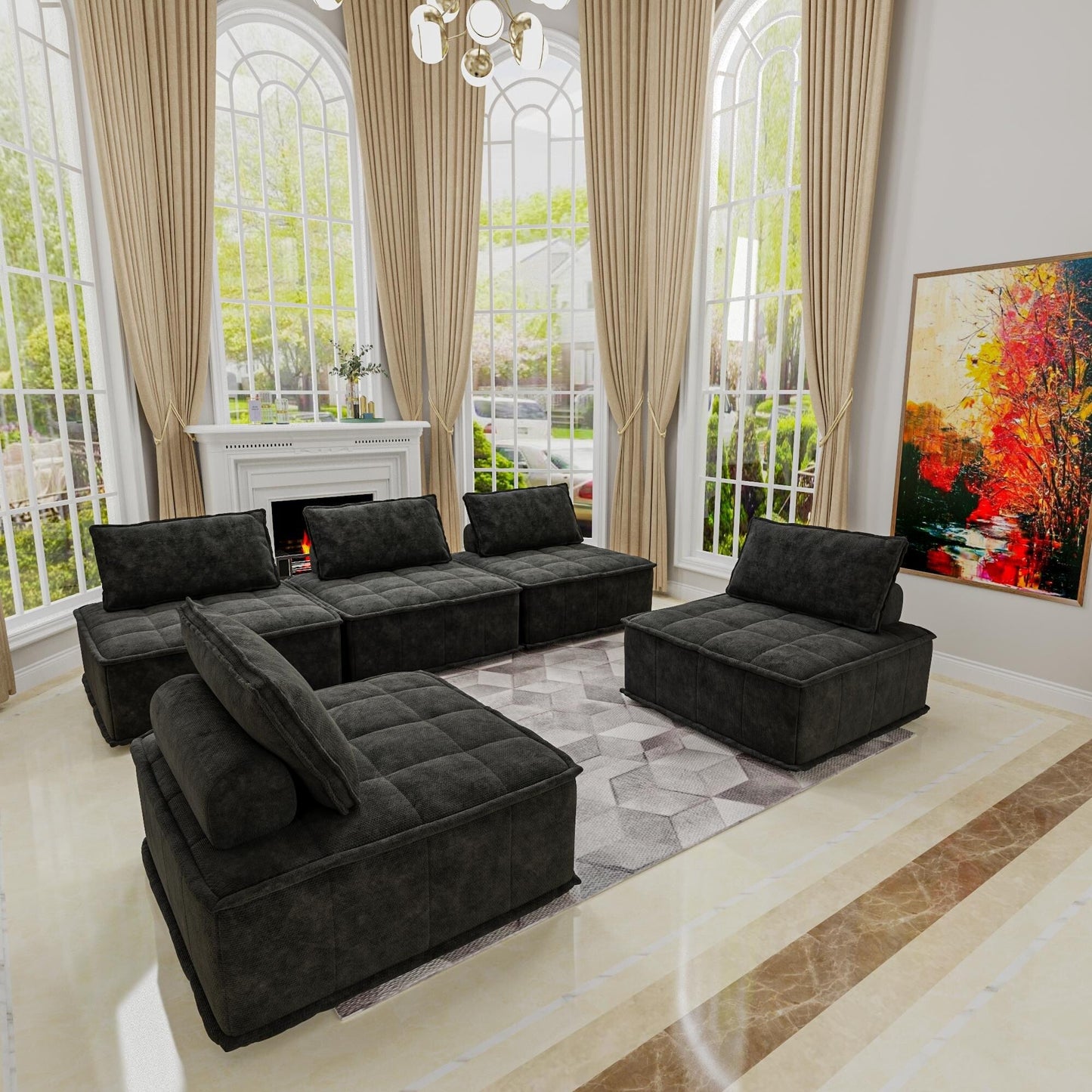 Set di divani modulari Chenille da 5 pezzi