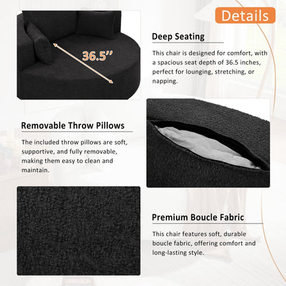 Poltrona lounge con braccioli in ciniglia, poltrona rotonda con base girevole a 360 gradi e 3 cuscini rimovibili