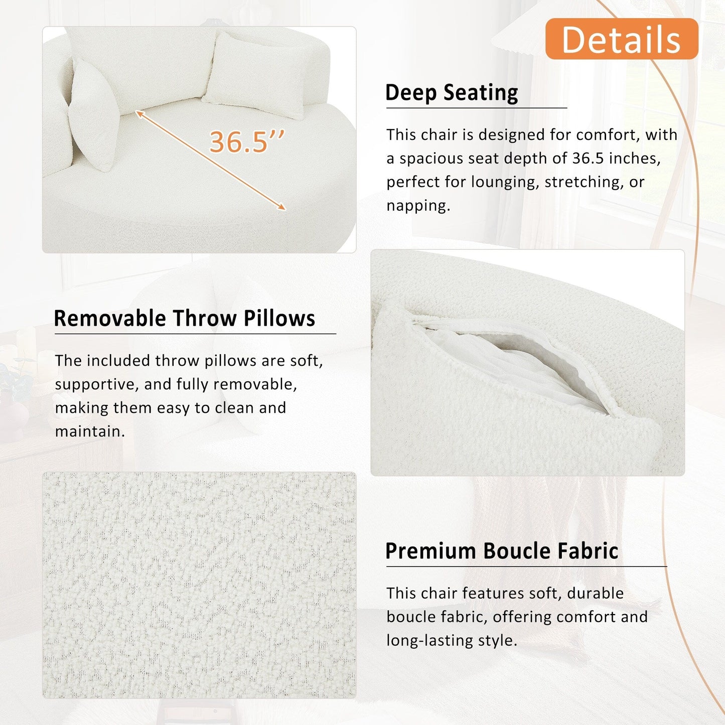 Poltrona lounge con braccioli in ciniglia, poltrona rotonda con base girevole a 360 gradi e 3 cuscini rimovibili