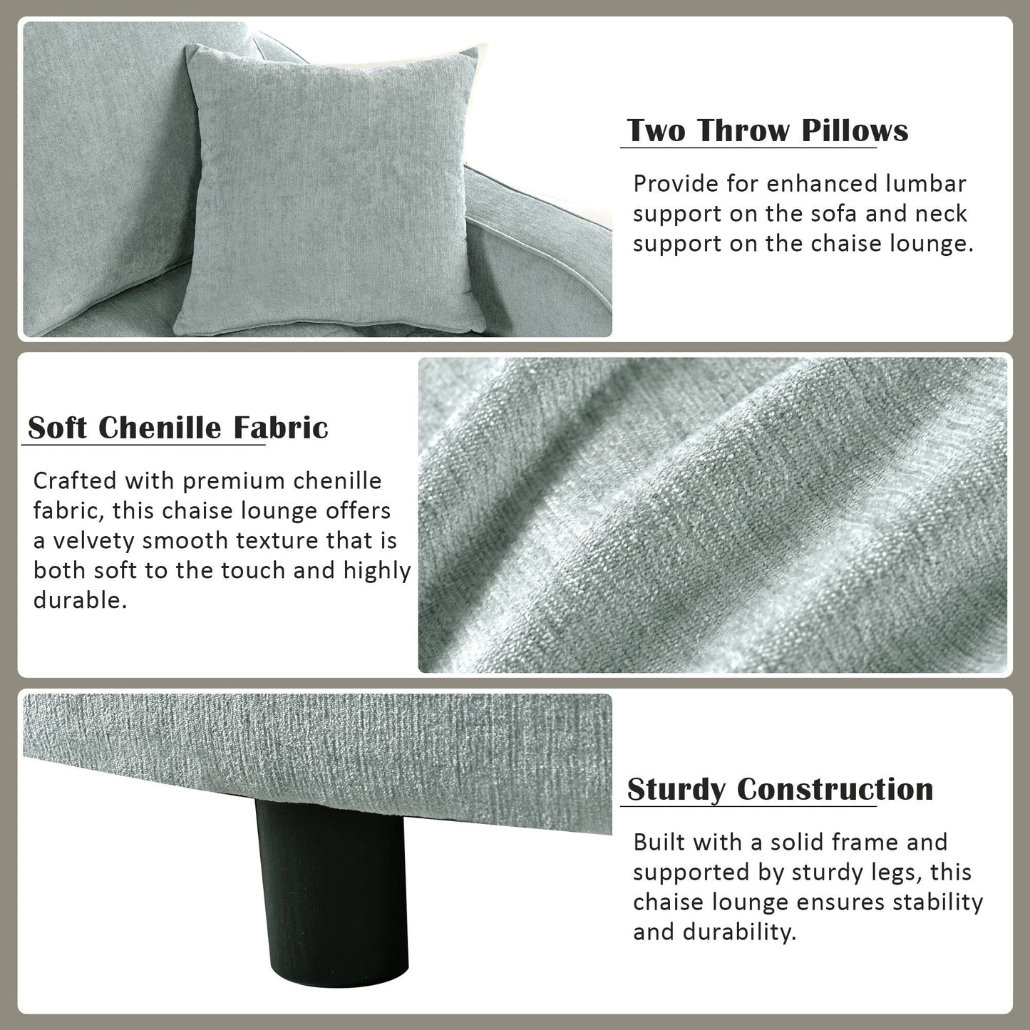 Divano letto con chaise longue in ciniglia, divano imbottito con schienale trapuntato e 2 cuscini staccabili per soggiorno