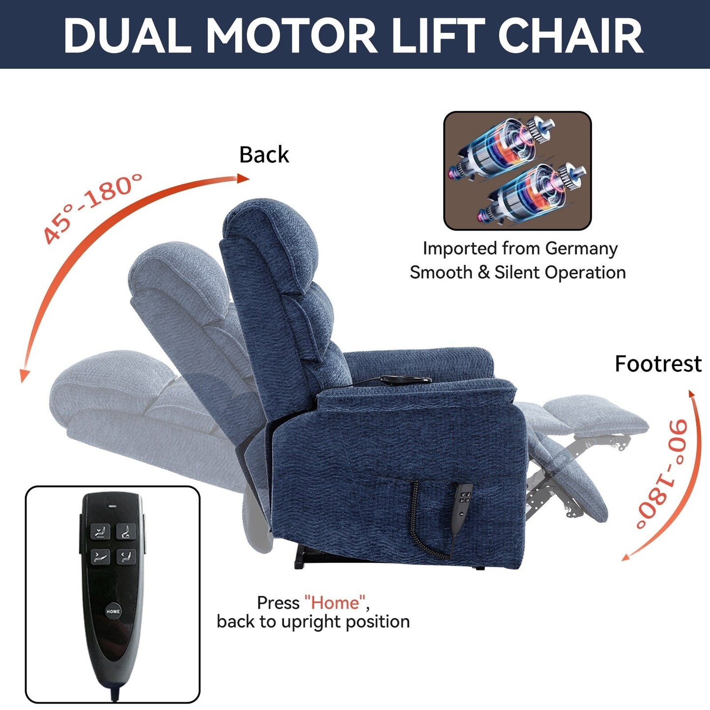 Poltrona reclinabile Chenille Dual Motor Infinite Power Lift con telecomando, massaggio termico e meccanismo di movimento per impieghi gravosi
