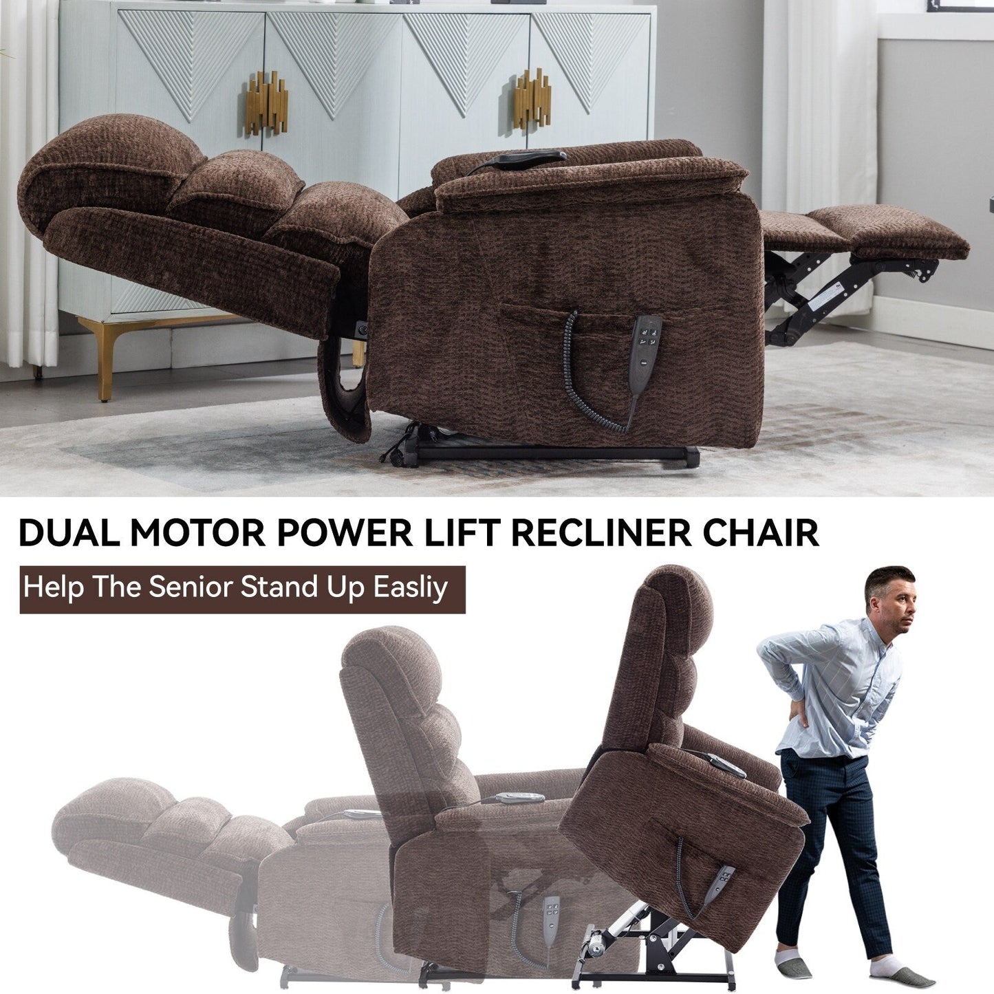 Poltrona reclinabile Chenille Dual Motor Infinite Power Lift con telecomando, massaggio termico e meccanismo di movimento per impieghi gravosi