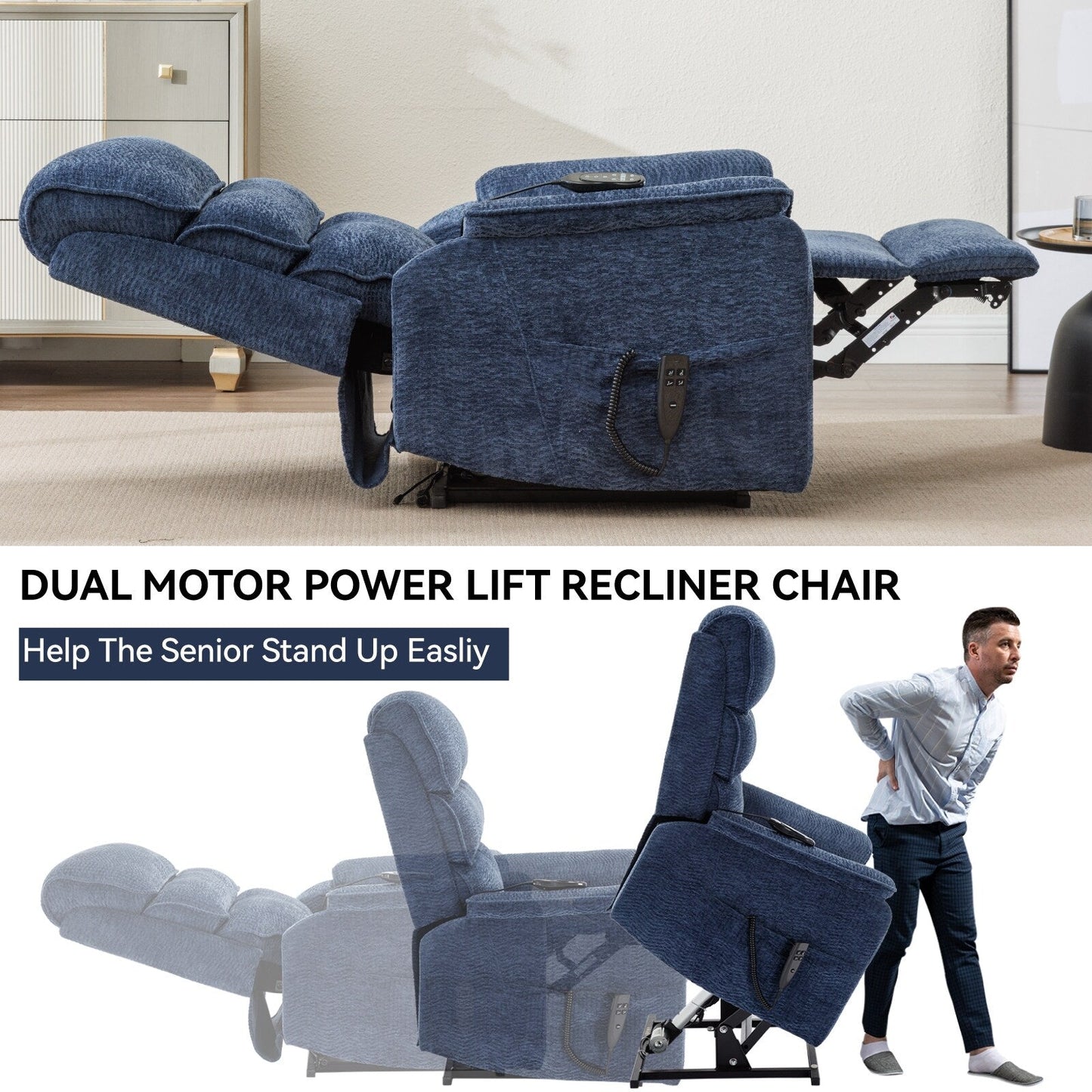 Poltrona reclinabile Chenille Dual Motor Infinite Power Lift con telecomando, massaggio termico e meccanismo di movimento per impieghi gravosi