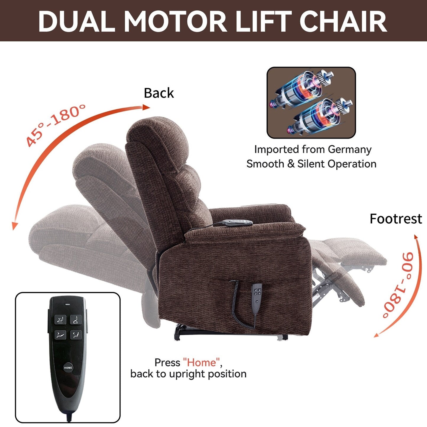 Poltrona reclinabile Chenille Dual Motor Infinite Power Lift con telecomando, massaggio termico e meccanismo di movimento per impieghi gravosi