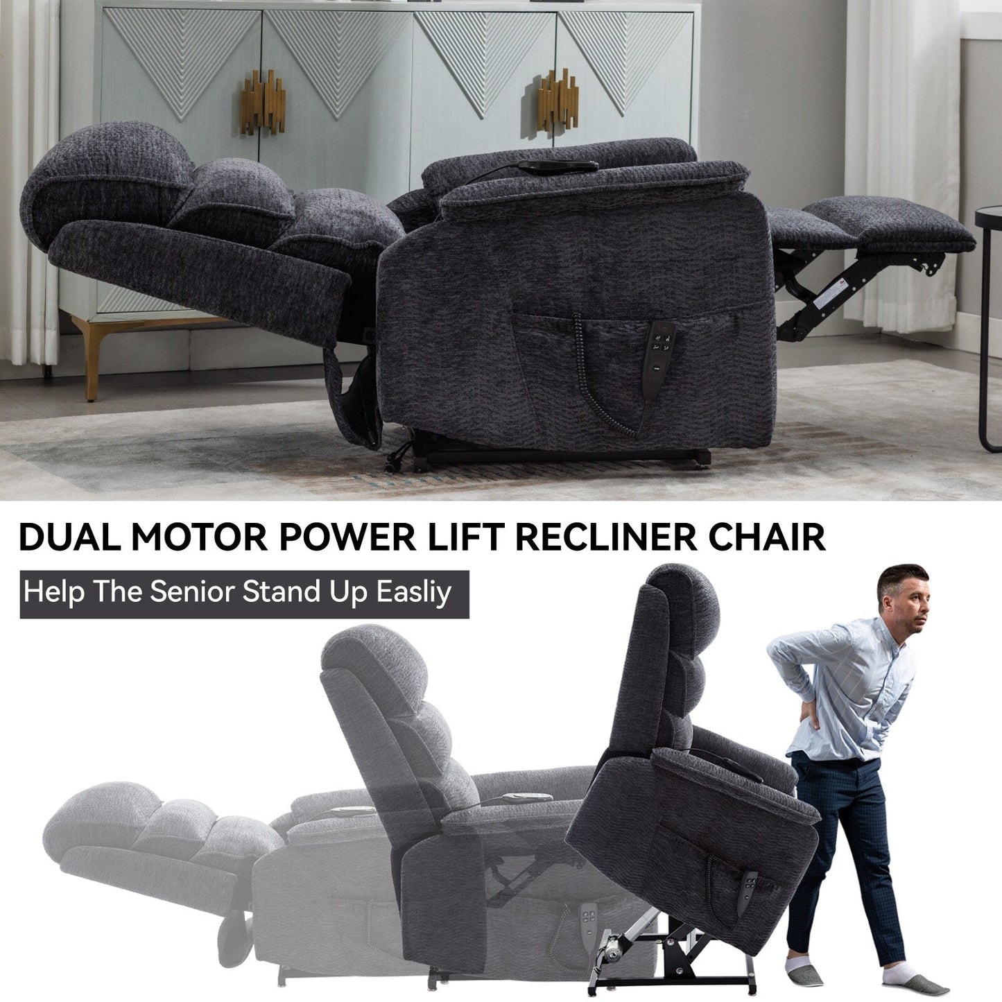 Poltrona reclinabile Chenille Dual Motor Infinite Power Lift con telecomando, massaggio termico e meccanismo di movimento per impieghi gravosi