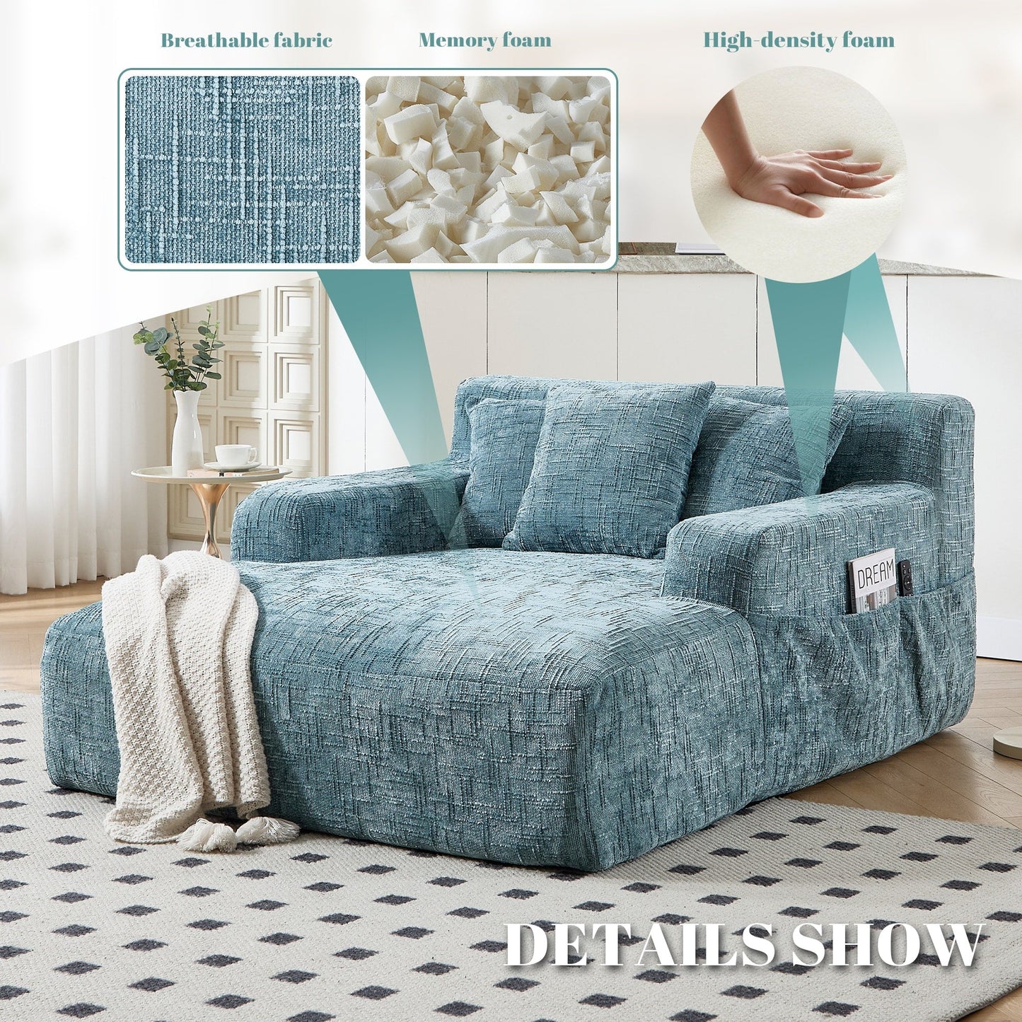 Divano letto Chenille Lazy Sofa con cuscini - Poltrona trasformabile con braccioli, divano letto multiposizione per soggiorno