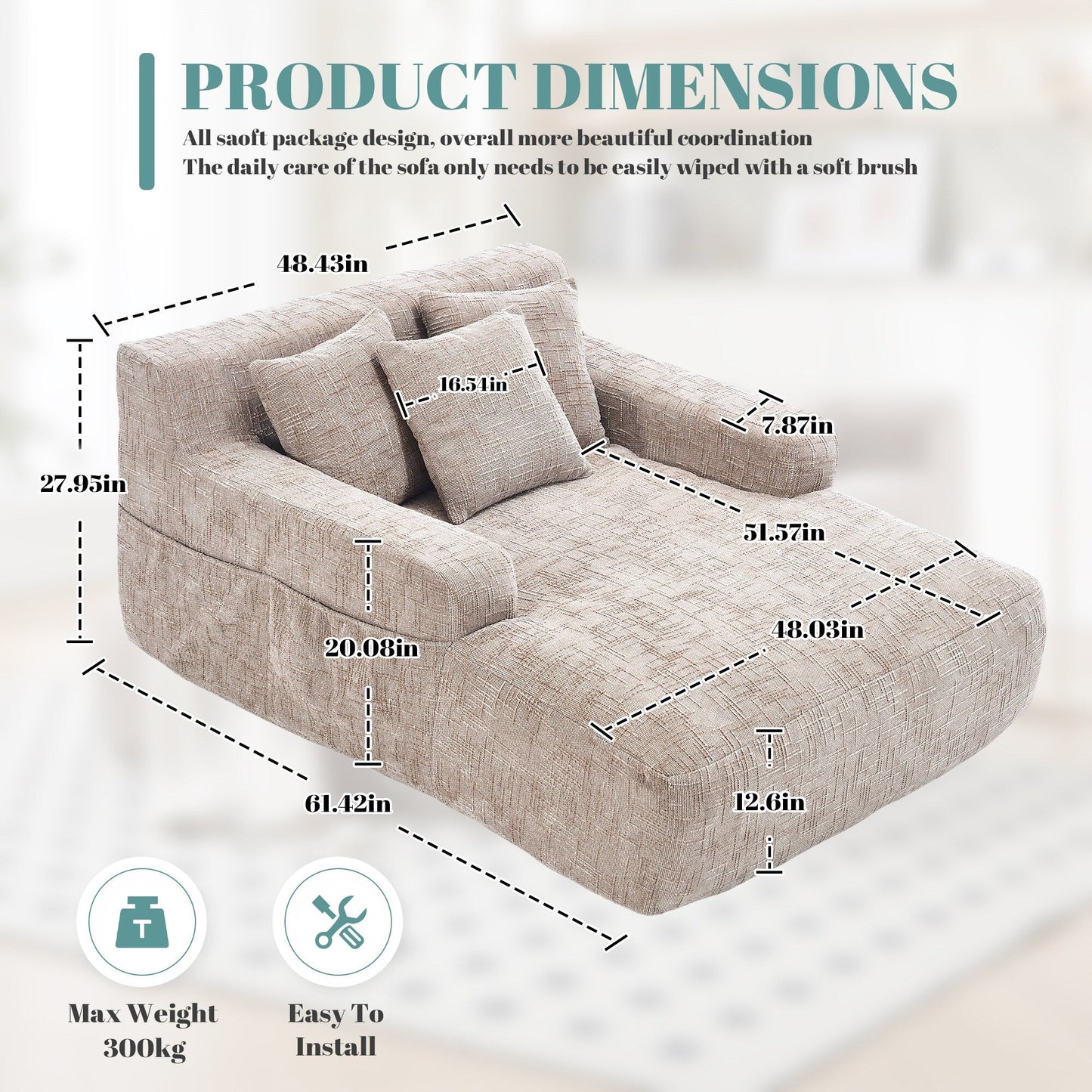 Divano letto Chenille Lazy Sofa con cuscini - Poltrona trasformabile con braccioli, divano letto multiposizione per soggiorno