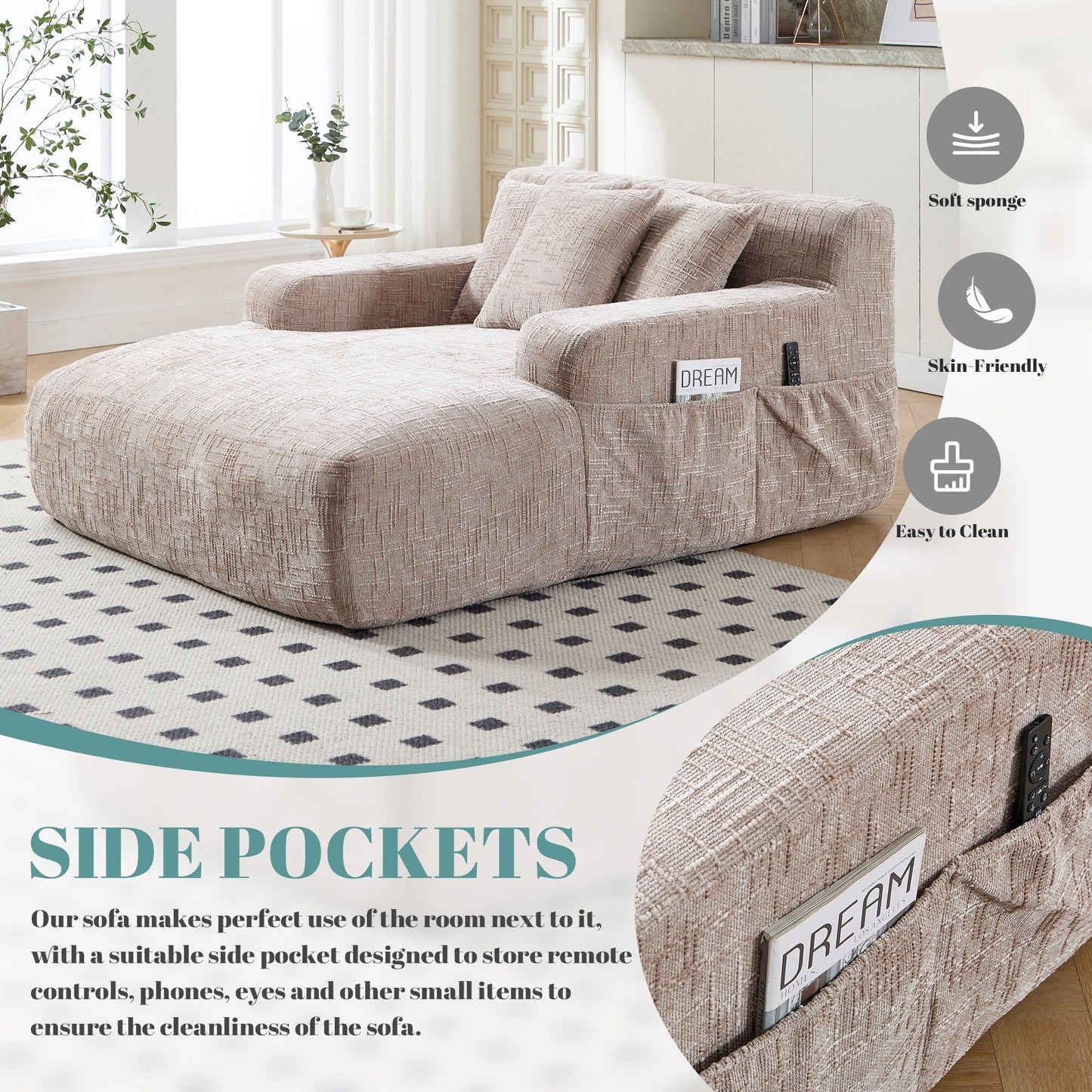 Divano letto Chenille Lazy Sofa con cuscini - Poltrona trasformabile con braccioli, divano letto multiposizione per soggiorno