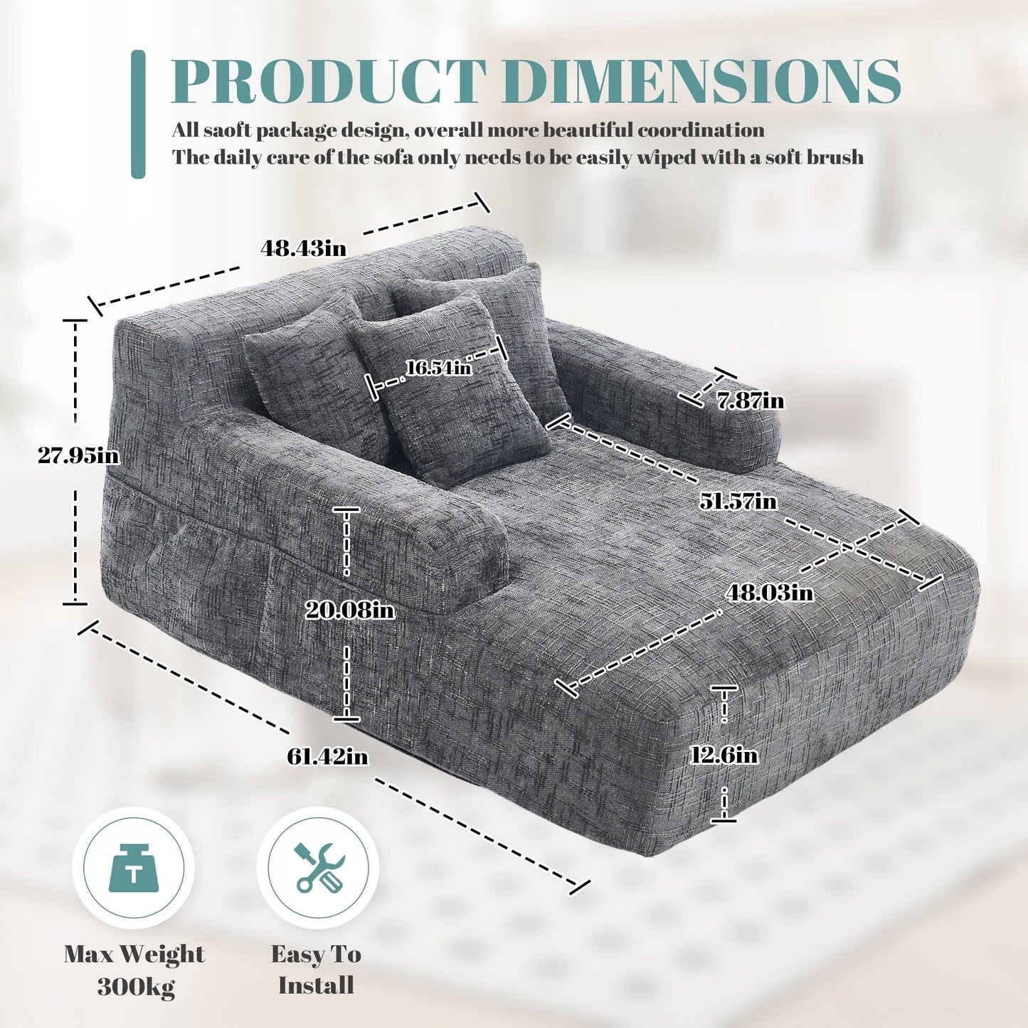 Divano letto Chenille Lazy Sofa con cuscini - Poltrona trasformabile con braccioli, divano letto multiposizione per soggiorno