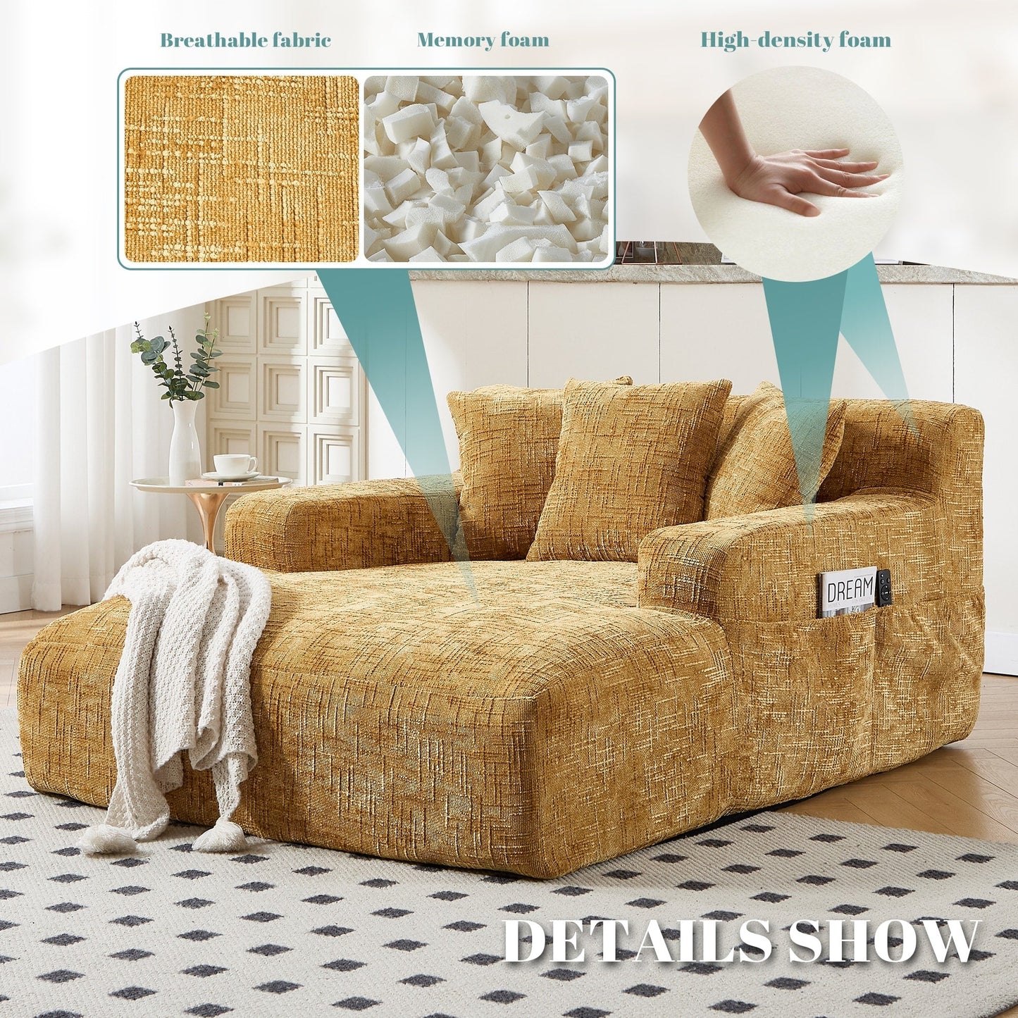 Divano letto Chenille Lazy Sofa con cuscini - Poltrona trasformabile con braccioli, divano letto multiposizione per soggiorno