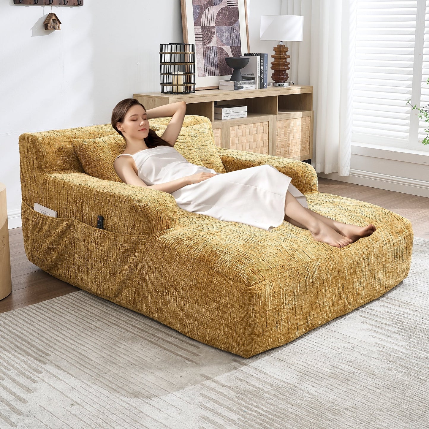 Divano letto Chenille Lazy Sofa con cuscini - Poltrona trasformabile con braccioli, divano letto multiposizione per soggiorno