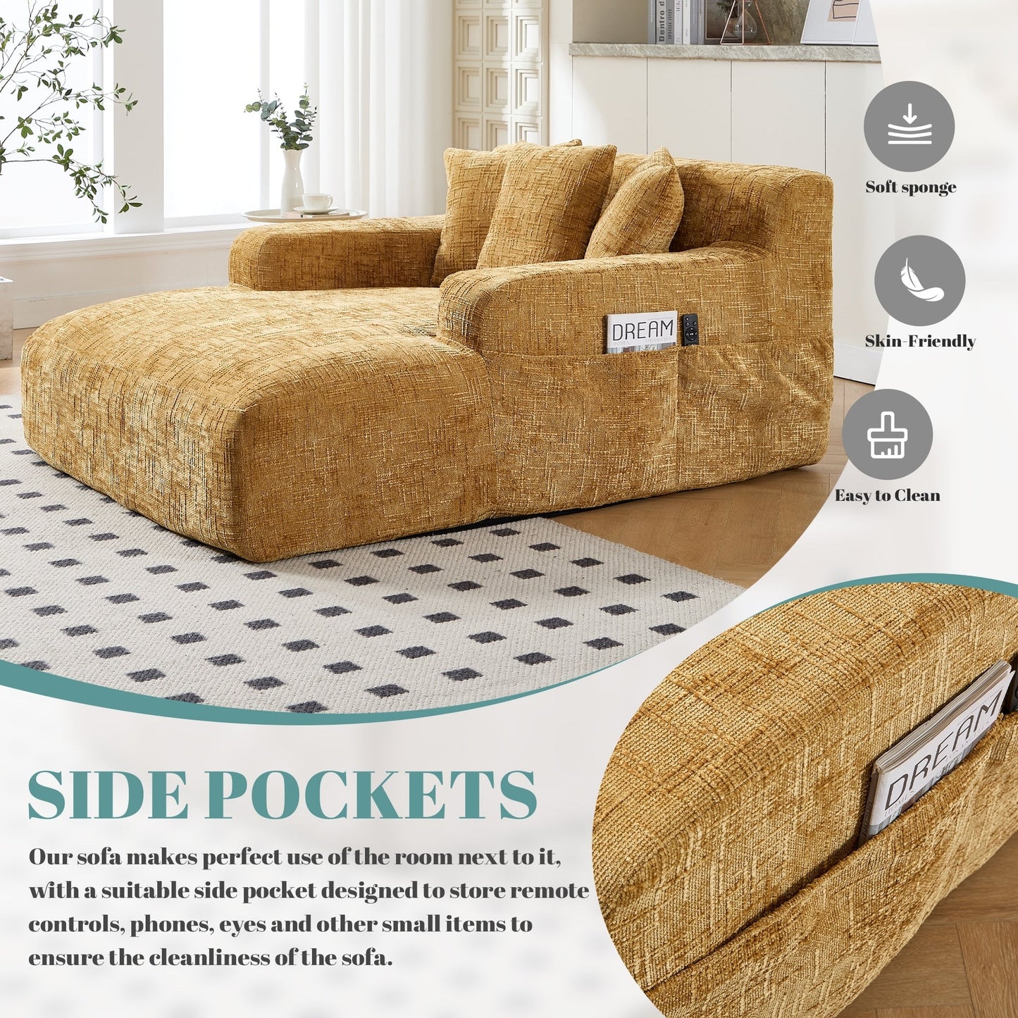 Divano letto Chenille Lazy Sofa con cuscini - Poltrona trasformabile con braccioli, divano letto multiposizione per soggiorno