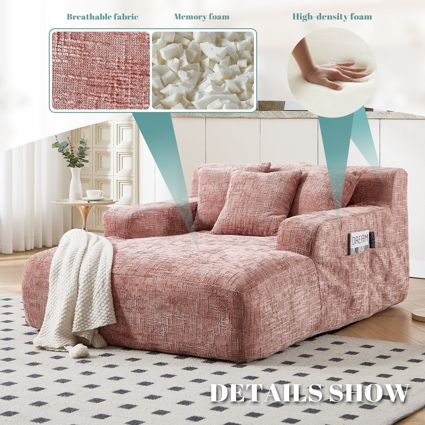 Divano letto Chenille Lazy Sofa con cuscini - Poltrona trasformabile con braccioli, divano letto multiposizione per soggiorno