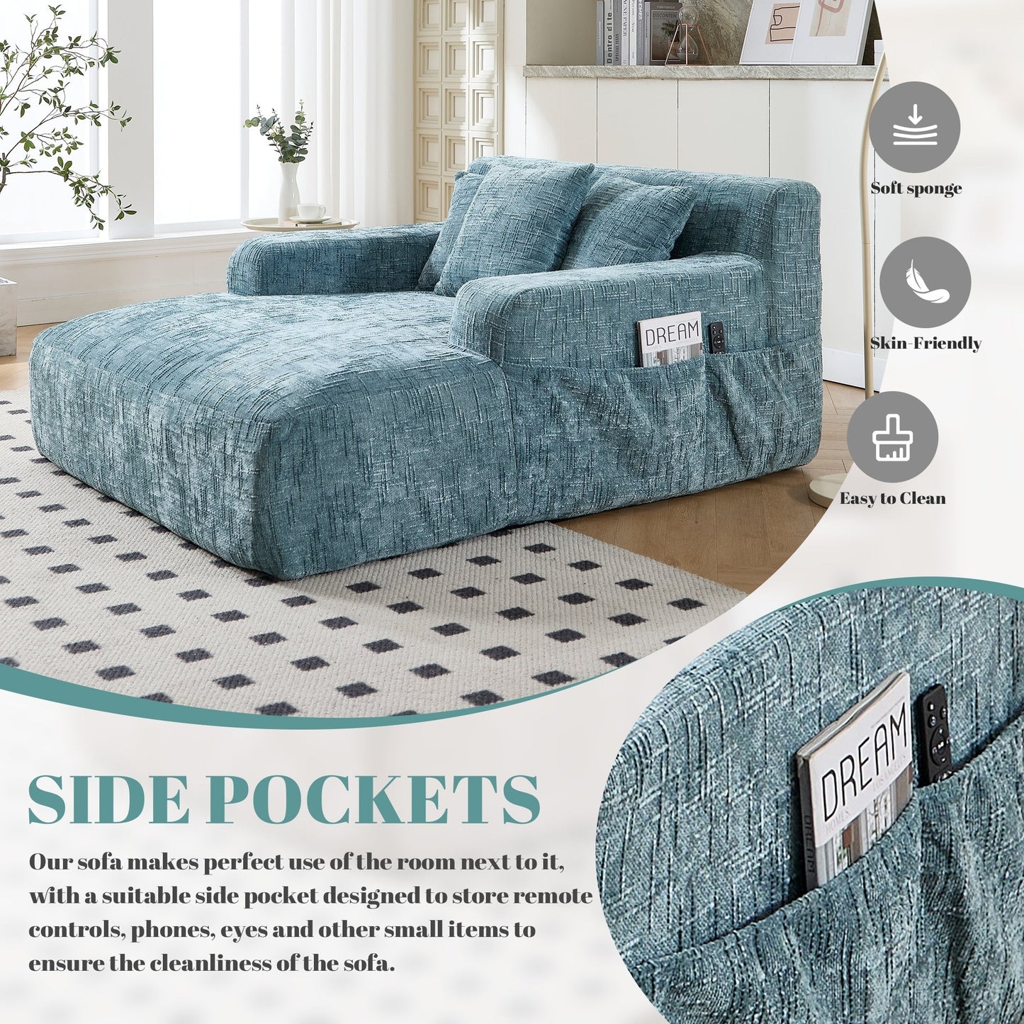 Divano letto Chenille Lazy Sofa con cuscini - Poltrona trasformabile con braccioli, divano letto multiposizione per soggiorno