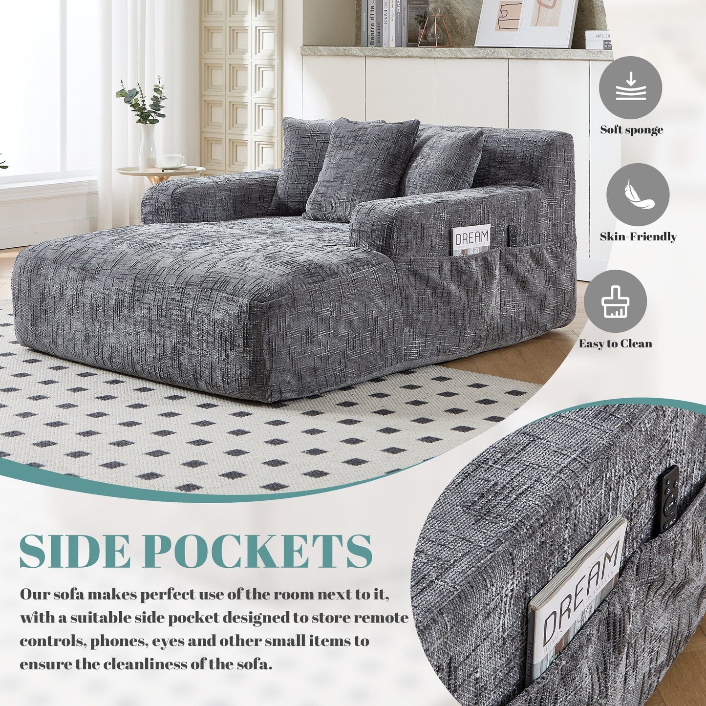 Divano letto Chenille Lazy Sofa con cuscini - Poltrona trasformabile con braccioli, divano letto multiposizione per soggiorno