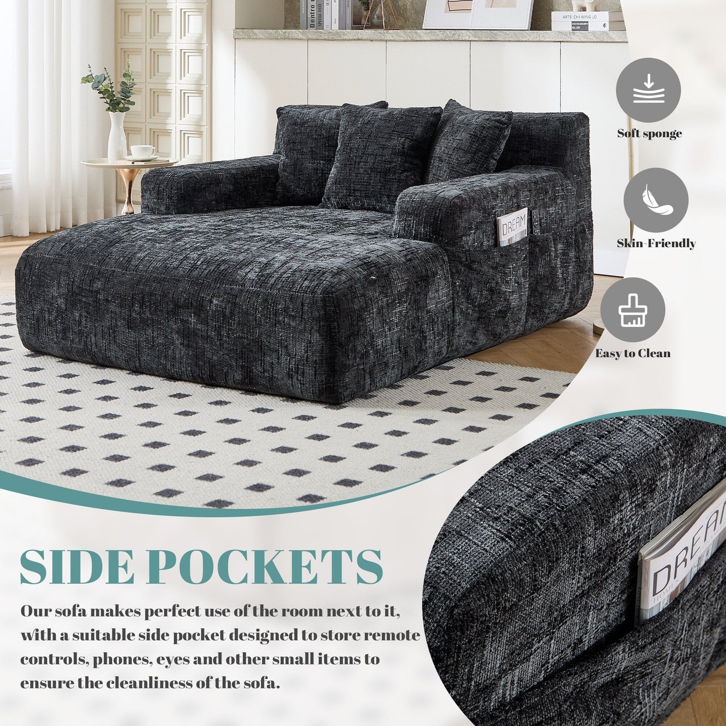 Divano letto Chenille Lazy Sofa con cuscini - Poltrona trasformabile con braccioli, divano letto multiposizione per soggiorno