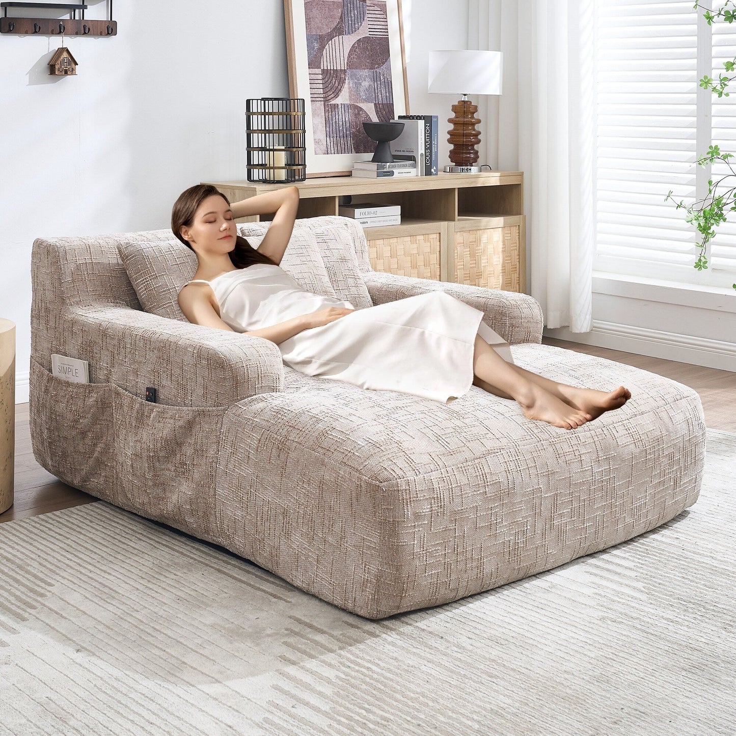 Divano letto Chenille Lazy Sofa con cuscini - Poltrona trasformabile con braccioli, divano letto multiposizione per soggiorno