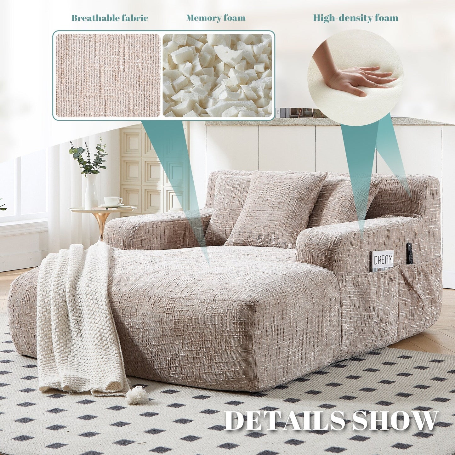 Divano letto Chenille Lazy Sofa con cuscini - Poltrona trasformabile con braccioli, divano letto multiposizione per soggiorno