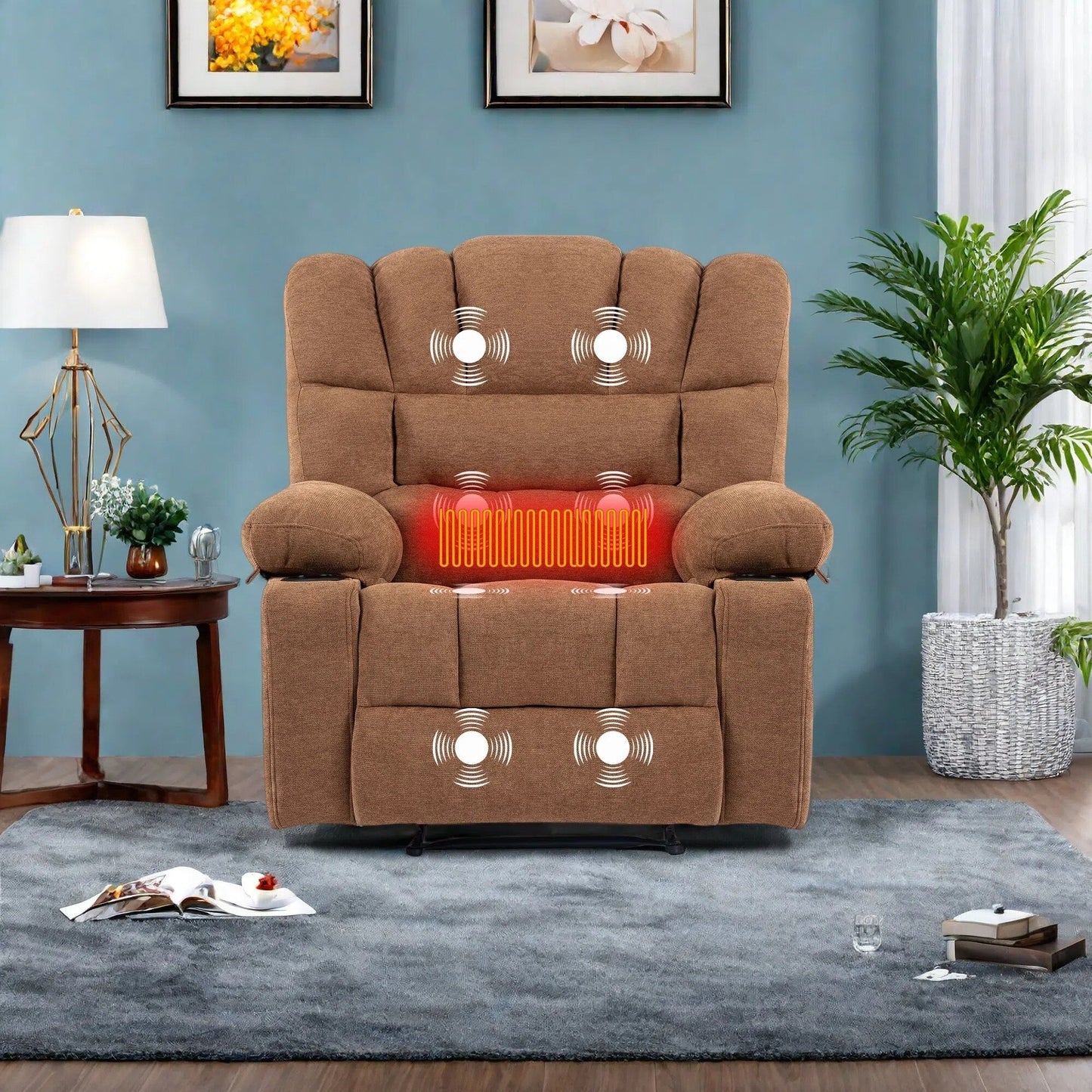 Poltrona reclinabile manuale in ciniglia con massaggio e riscaldamento lombare, doppio portabicchieri, tasche laterali