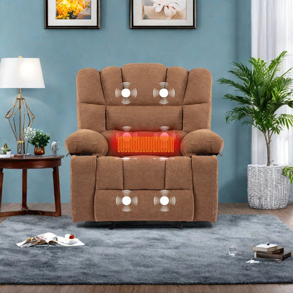 Poltrona reclinabile manuale in ciniglia con massaggio e riscaldamento lombare, doppio portabicchieri, tasche laterali