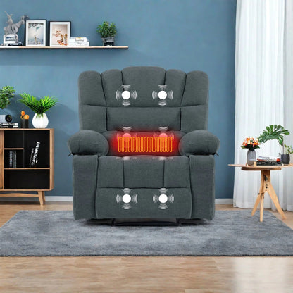 Poltrona reclinabile manuale in ciniglia con massaggio e riscaldamento lombare, doppio portabicchieri, tasche laterali