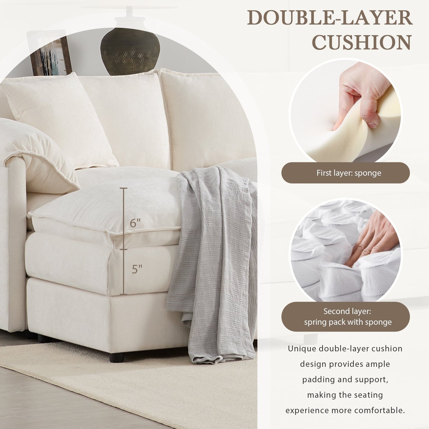 Divano componibile modulare in ciniglia con seduta profonda e ampia, divano a forma di L con doppi cuscini, divano con pouf mobile