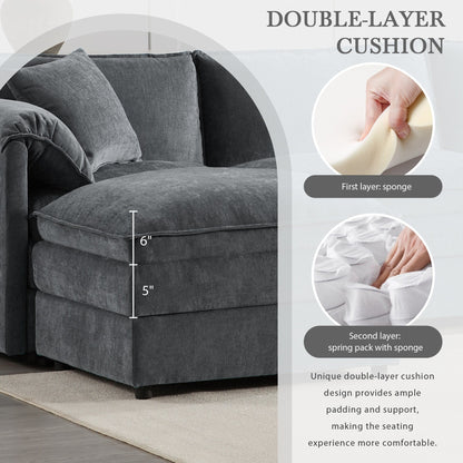 Divano componibile modulare in ciniglia con seduta profonda e ampia, divano a forma di L con doppi cuscini, divano con pouf mobile