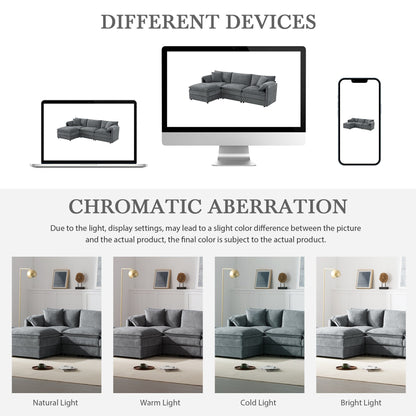 Divano componibile modulare in ciniglia con seduta profonda e ampia, divano a forma di L con doppi cuscini, divano con pouf mobile
