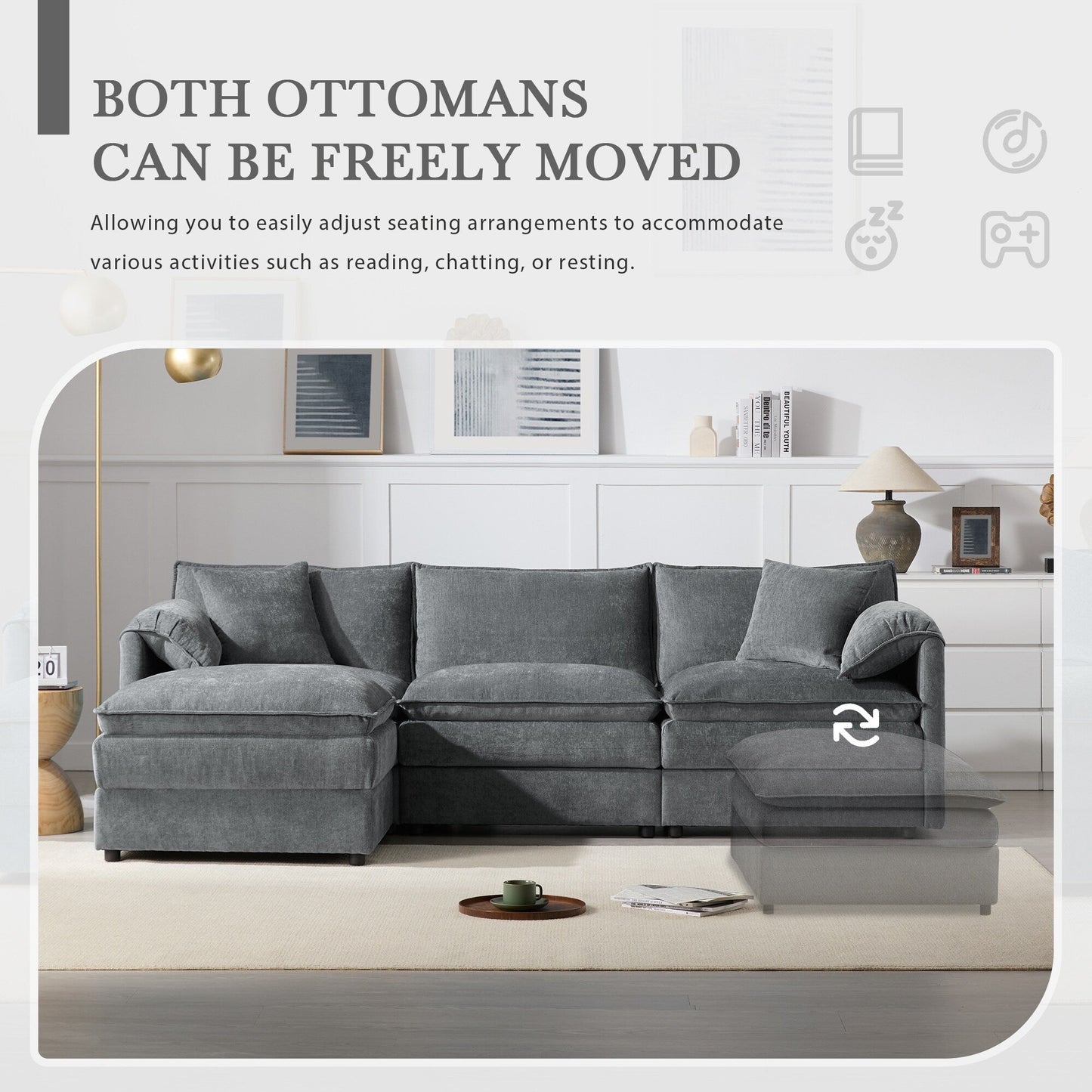 Divano componibile modulare in ciniglia con seduta profonda e ampia, divano a forma di L con doppi cuscini, divano con pouf mobile