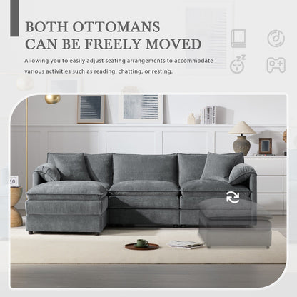 Divano componibile modulare in ciniglia con seduta profonda e ampia, divano a forma di L con doppi cuscini, divano con pouf mobile