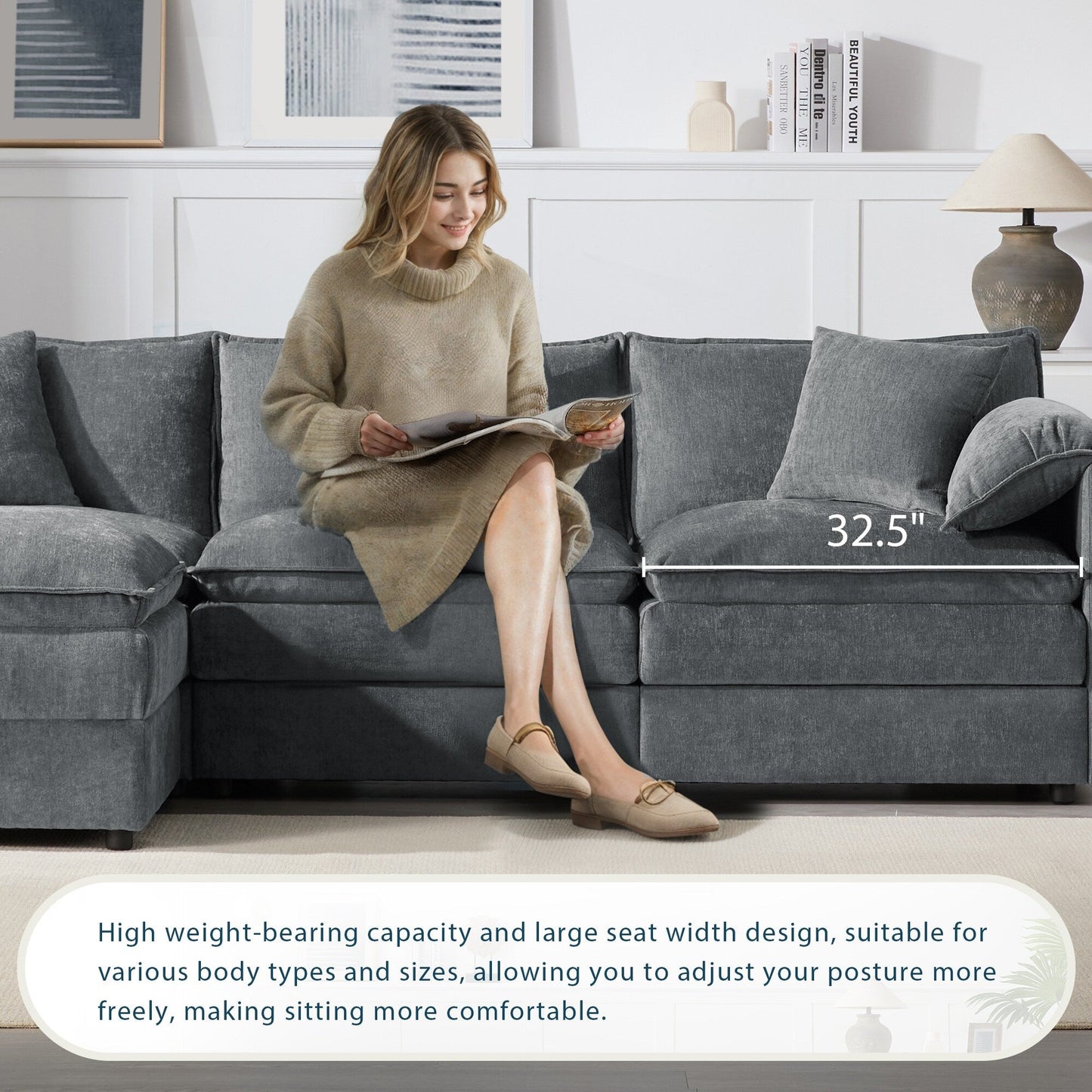 Divano componibile modulare in ciniglia con seduta profonda e ampia, divano a forma di L con doppi cuscini, divano con pouf mobile