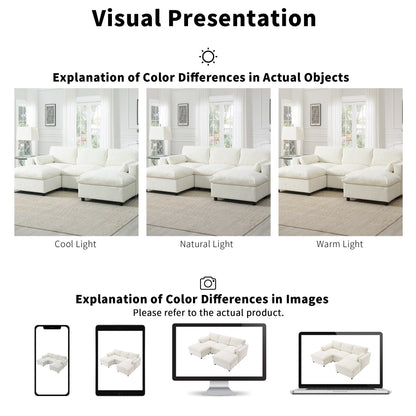 Divano componibile modulare in ciniglia con tasche portaoggetti, divano a U da 5 posti con cuscini, divano Cloud con 2 pouf mobili